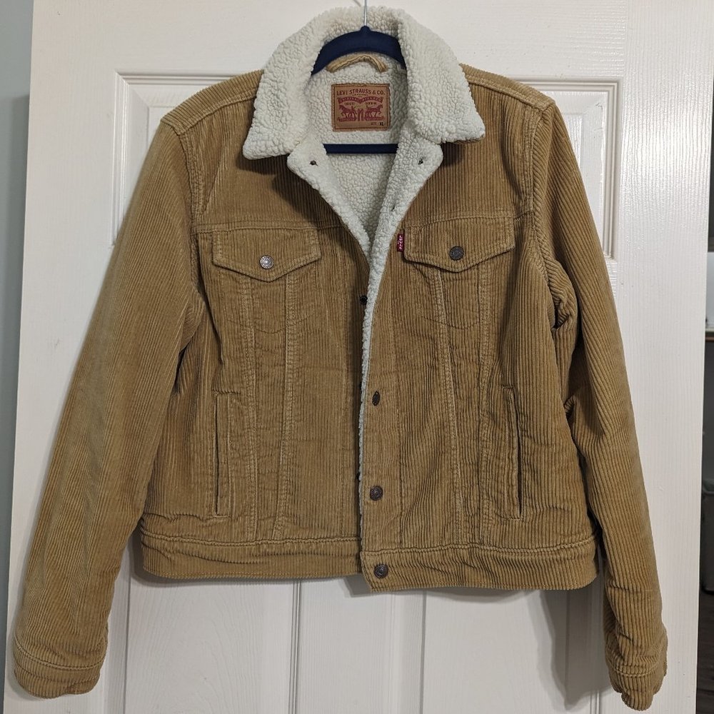 LEVI's WOMENS Sherpa Lined Trucker Corduroy Jacket Coat Cotton Warm Tan XL Snap